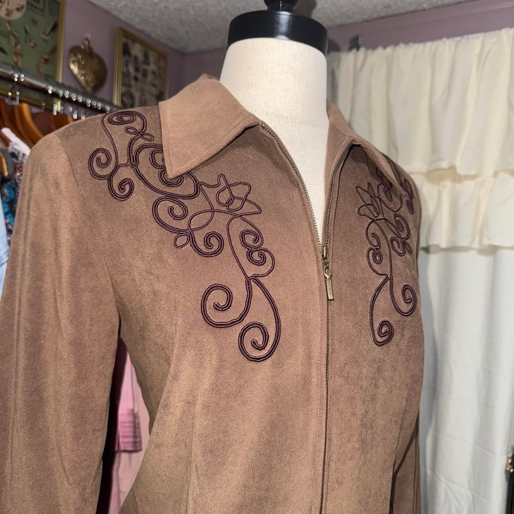 Vintage Suede Brown Embroidered Zip Up Jacket